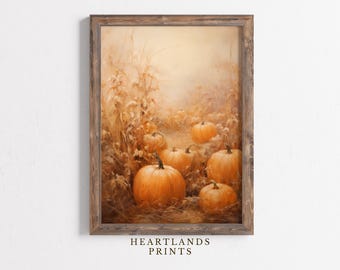Fall Printable Pumpkin Patch Art, Vintage Autumn Wall Art Print Pumpkin Painting Fall Decor, Rustic Orange Halloween Print, Autumn Art Decor