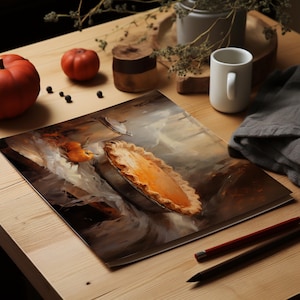 Fall Printable Pumpkin Pie Wall Art, Vintage Oil Painting: Autumn Still Life Artwork, Pumpkin Pie Rustic Thanksgiving Fall or Autumn Decor