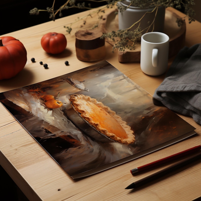 Fall Printable Pumpkin Pie Wall Art, Vintage Oil Painting: Autumn Still Life Artwork, Pumpkin Pie Rustic Thanksgiving Fall or Autumn Decor