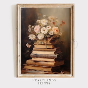 Printable Books with Flowers ART Melancholy Still Life: Botanical Floral Books Oil Painting Moody Pastel artwork Print Digital Download