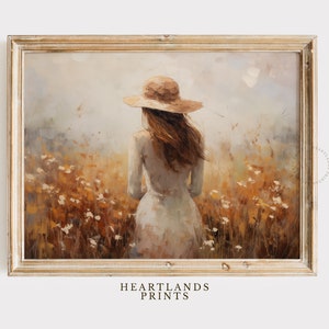 May include: A painting of a woman in a straw hat standing in a field of wildflowers. The woman is wearing a white dress and has long brown hair. The background is a soft, hazy blue.