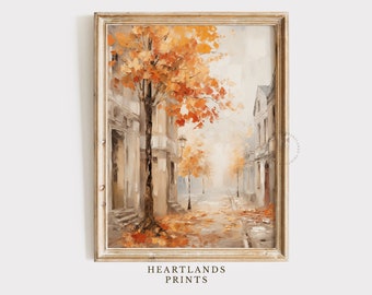 Herbst Ölgemälde Stadtstraße Vintage Herbst Neutrale Farbpalette Stil Kunstwerk, impressionistische Landschaft Wand Kunst Bauernhaus Druck Download