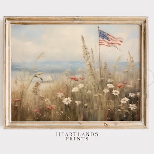 Vintage amerikansk flagga konstdekor, patriotisk flagga och blomtryck digital nedladdning färgglad neutral vildblommig väggkonst antik lantlig dekor