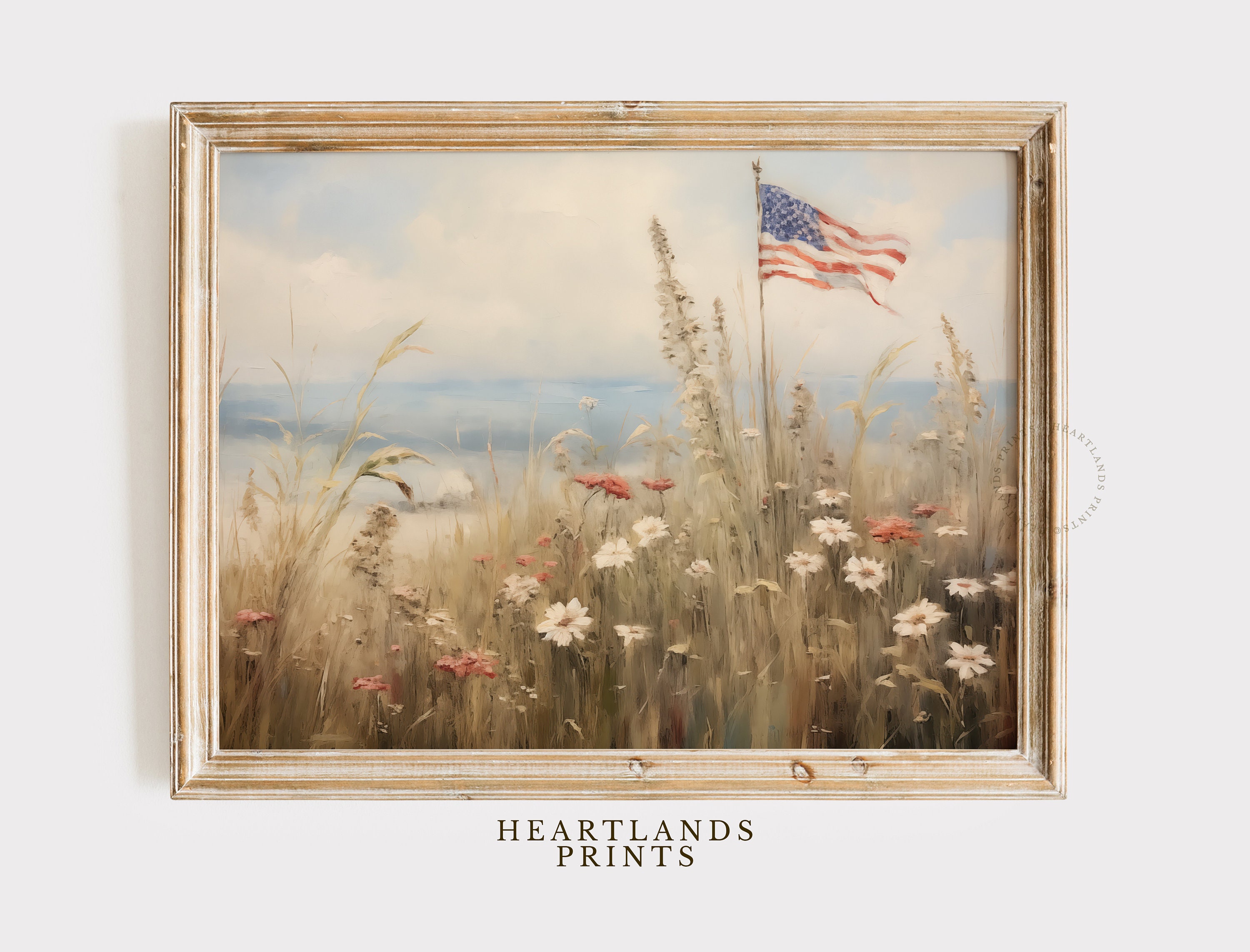 Vintage American Flag Art Decor, Patriotic Flag & Floral Print Digital Download Colorful Neutral Wildflower Wall Art Antique Farmhouse Decor