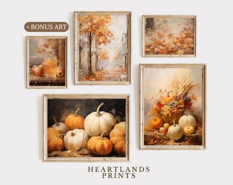 May include: Set of four fall-themed art prints featuring a still life of pumpkins, a basket of fruit and fall leaves, a glass of cider with apples, and a street scene with autumn leaves.