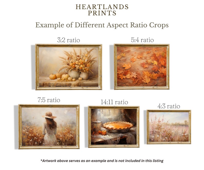 May include: Five framed images showing different aspect ratios for prints. The images are of a still life with pumpkins, a pile of autumn leaves, a woman in a field, a pie on a table, and a field of tall grass.