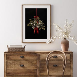 Mistletoe Printable Christmas Wall Art, Moody Festive Holiday Christmas Wall Decor Downloadable Digital Print, Mistletoe Wall Art Painting