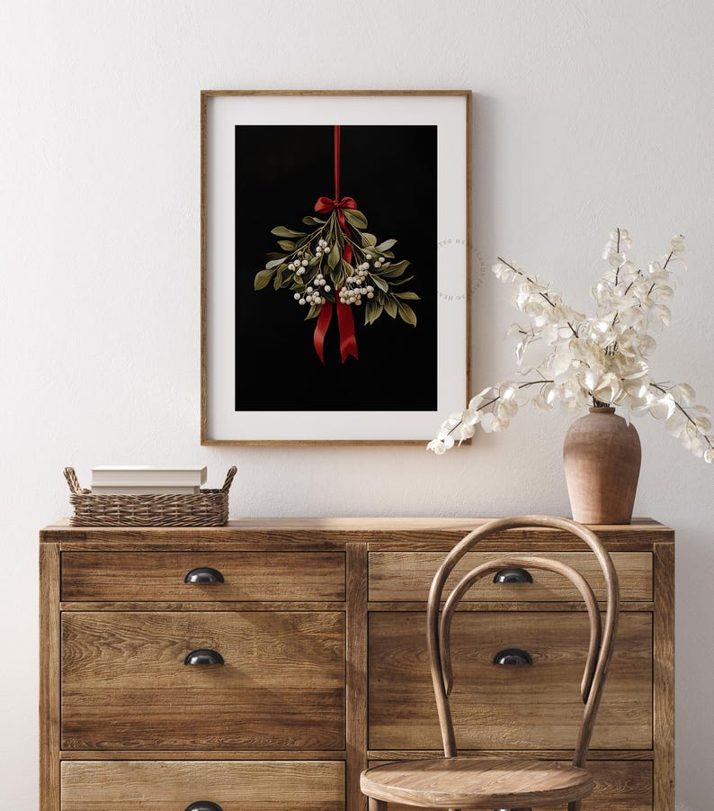 Mistletoe Printable Christmas Wall Art, Moody Festive Holiday Christmas Wall Decor Downloadable Digital Print, Mistletoe Wall Art Painting