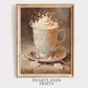May include: A painting of a white porcelain teacup with a creamy white topping, sitting on a saucer with a spoon. The teacup is decorated with a delicate floral pattern. The background is a soft brown color.