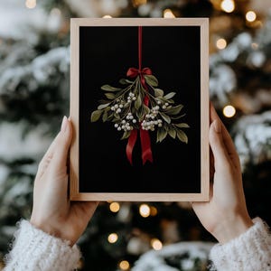 Mistletoe Printable Christmas Wall Art, Moody Festive Holiday Christmas Wall Decor Downloadable Digital Print, Mistletoe Wall Art Painting