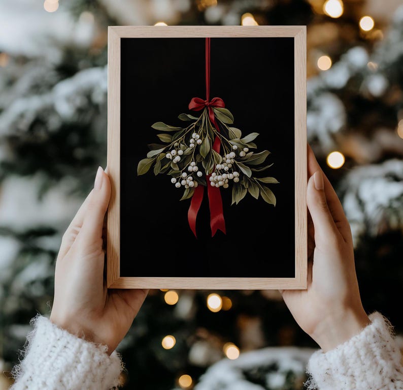 Mistletoe Printable Christmas Wall Art, Moody Festive Holiday Christmas Wall Decor Downloadable Digital Print, Mistletoe Wall Art Painting