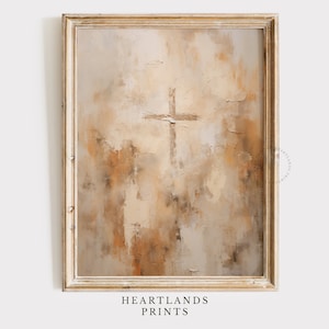 Stampa stampabile di arte cristiana moderna astratta stampabile con stampa di un dipinto a croce vintage con uno sfondo astratto beige - Download digitale