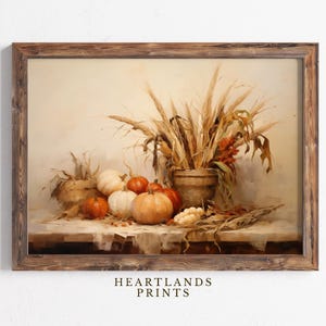 Printable Autumn Foliage Wall Art, Vintage Oil Painting: Autumn Harvest Still Life Artwork, Pumpkins & Corn Art, Rustic Fall or Autumn Decor