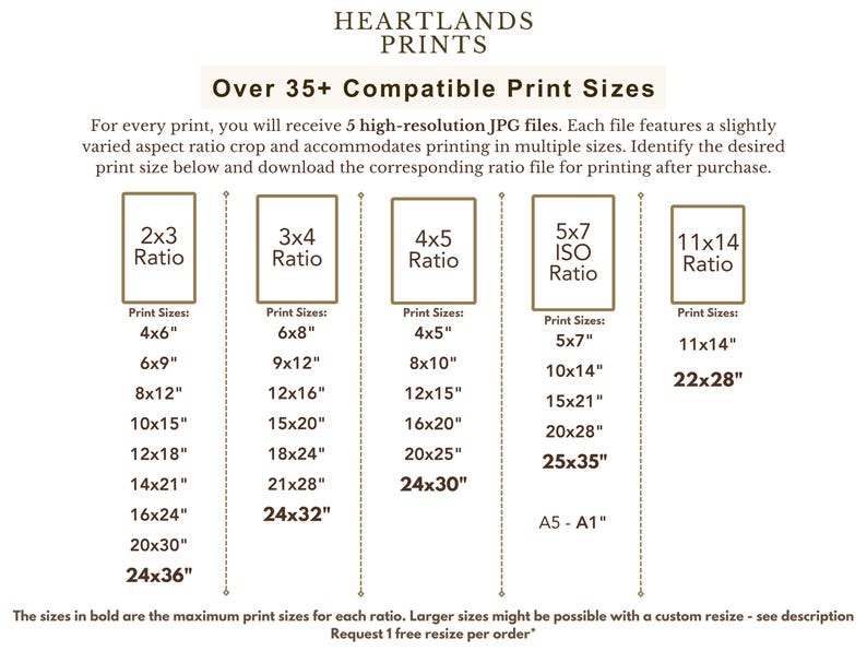 May include: Chart showing different print sizes and aspect ratios for digital prints. The chart is divided into five columns, each representing a different aspect ratio. The chart lists print sizes in inches, with the largest size for each ratio highlighted in bold.