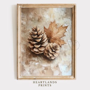 Pinecone Fall Art Print, Autumn Wall Art Holiday Decor, Pinecone with a Fall Leaf Printable Vintage Decor, Fall Pinecone Abstract Painting