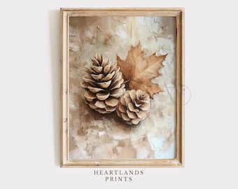 Pinecone Fall Art Print, Autumn Wall Art Holiday Decor, Pinecone with a Fall Leaf Printable Vintage Decor, Fall Pinecone Abstract Painting