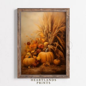 May include: A painting of a still life featuring pumpkins and wheat stalks. The pumpkins are orange and yellow, and the wheat stalks are brown and gold. The background is a soft, muted brown.
