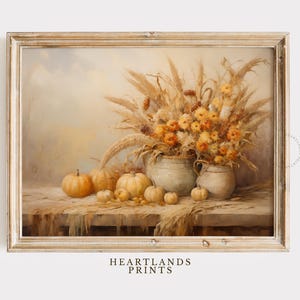 Printable Fall Harvest Artwork, Vintage Style Oil Painting: Autumn Harvest Still Life with Pumpkins & Corn, Rustic Halloween Autumn Decor