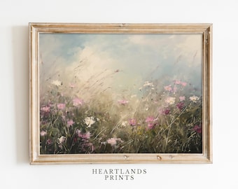 Digital Wall Art Wildflower field Landscape Vintage Art Painting, Pink Spring Print Farmhouse Print Neutral Wall Art Spring Artwork Download