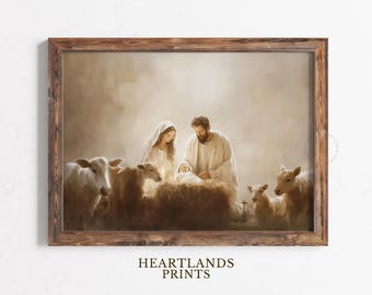Puede incluir: Una pintura que representa la escena de la Natividad con María, José y el niño Jesús. La escena se desarrolla en un establo con animales, incluyendo ovejas y una vaca. La pintura está realizada en una paleta suave y tenue de marrones, cremas y azules.