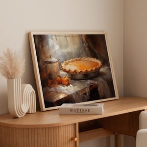 Fall Printable Pumpkin Pie Wall Art, Vintage Oil Painting: Autumn Still Life Artwork, Pumpkin Pie Rustic Thanksgiving Fall or Autumn Decor