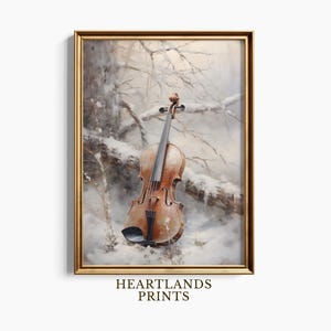Violin Christmas Print, Christmas Printable Wall Art, Christmas Winter Music Gift Snowy Holiday Violin Decor, Vintage Winter Cello Wall Art