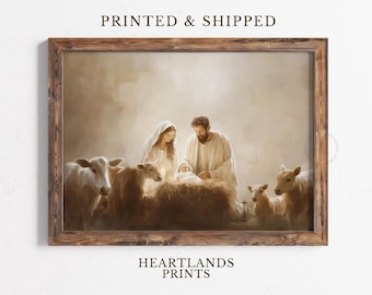 May include: A painting of a nativity scene with a baby Jesus in a manger surrounded by sheep and two figures, one woman and one man, looking down at the baby.
