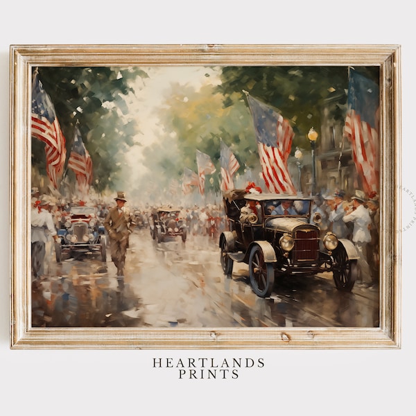 Vintage auto patriottische 4 juli muur kunst Amerikaanse vlag artwork, neutrale esthetische digitale downloadbare kunst print zomer instant afdrukbare