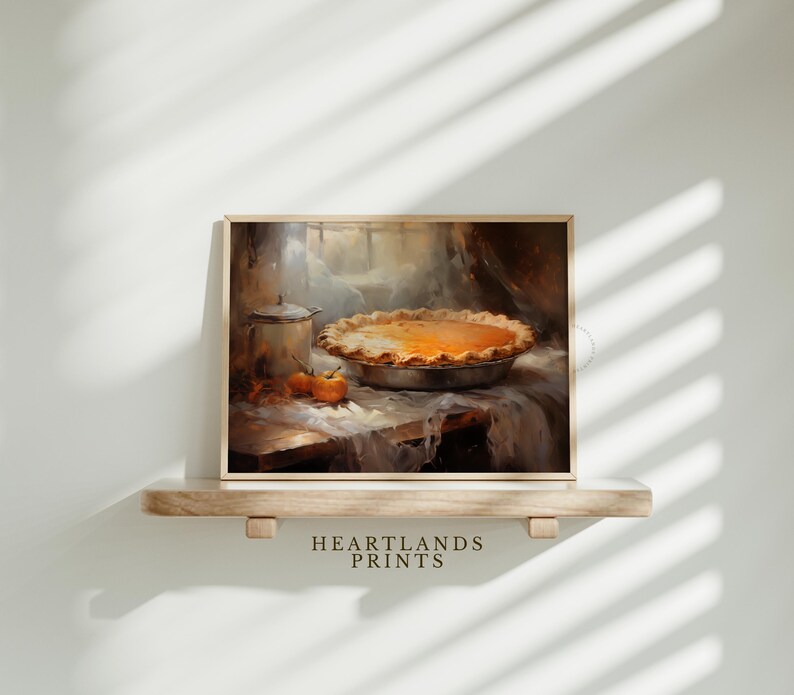 Fall Printable Pumpkin Pie Wall Art, Vintage Oil Painting: Autumn Still Life Artwork, Pumpkin Pie Rustic Thanksgiving Fall or Autumn Decor