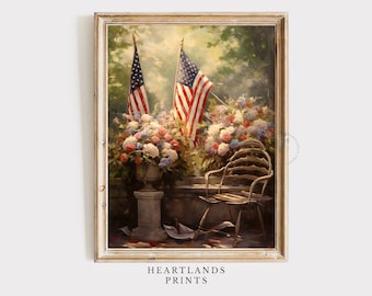 Patriotic American Flag 4th of July Wreaths Wall Art Printable Garden Scene, USA Celebration Gift Neutral Floral Artwork, DIGITAL PRINTABLE