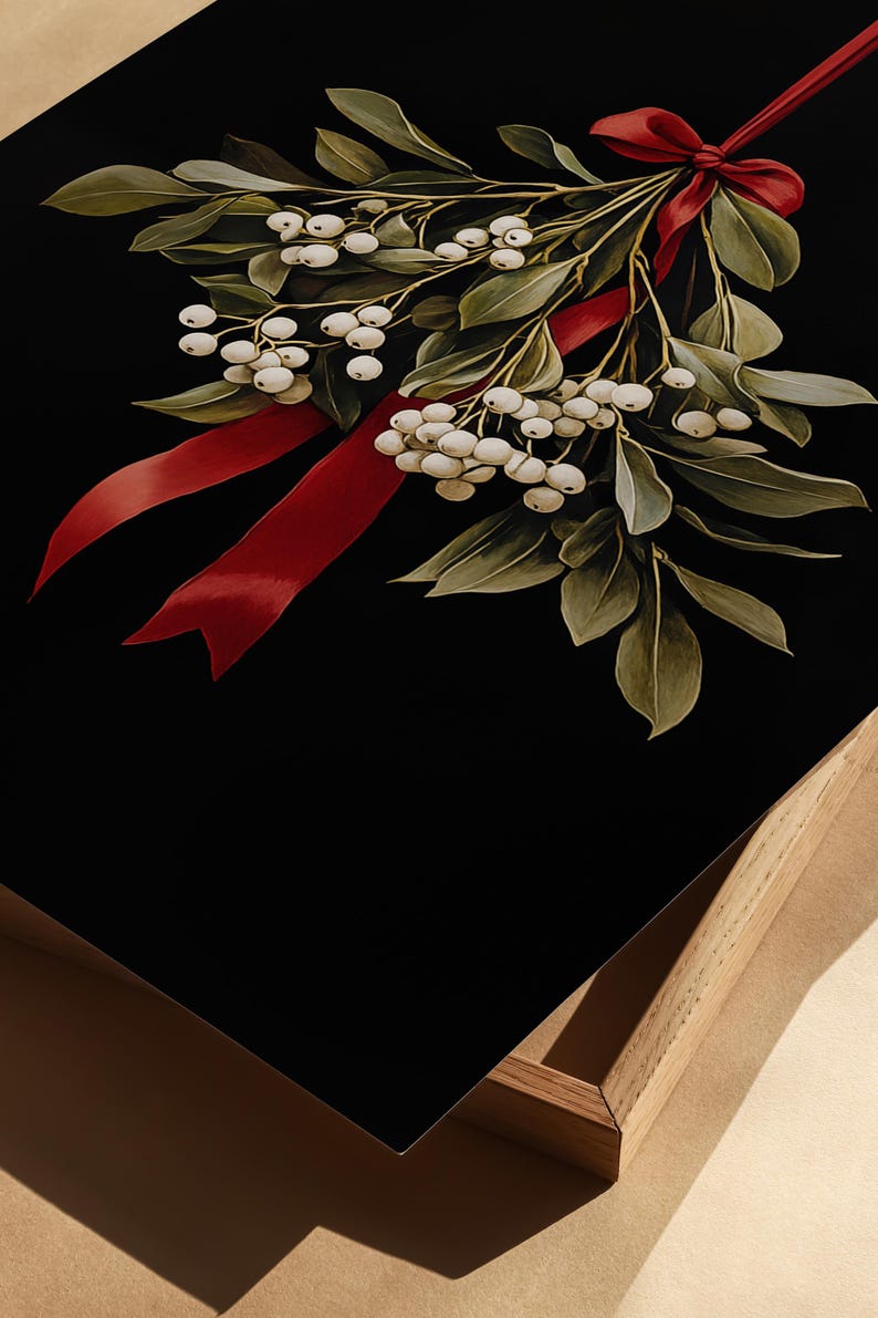 Mistletoe Printable Christmas Wall Art, Moody Festive Holiday Christmas Wall Decor Downloadable Digital Print, Mistletoe Wall Art Painting