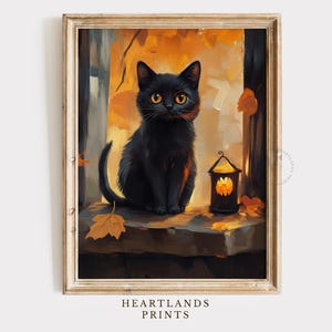 Black Cat Halloween Print, Whimsigoth Fall Wall Art Decor, Cute Cat Printable Decor, Halloween Wall Art Decoration Digital Black Cat Artwork