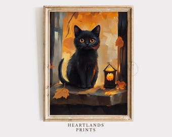 Black Cat Halloween Print, Whimsigoth Fall Wall Art Decor, Cute Cat Printable Decor, Halloween Wall Art Decoration Digital Black Cat Artwork