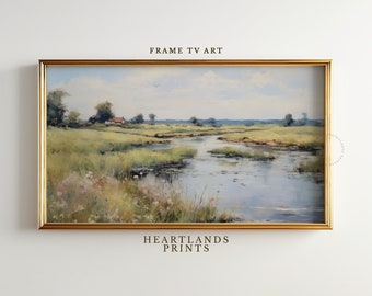Summer Frame TV Art Countryside Serene Winding River Painting Neutral Summer Landscape Art, Vintage Summer TV Art Wall Art Instant Download