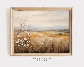 Fall Printable Wildflower Field Wall Art, Vintage Autumn Meadow Landscape Painting, Warm Fall Flower Field Print, Fall and Autumn Gift Decor