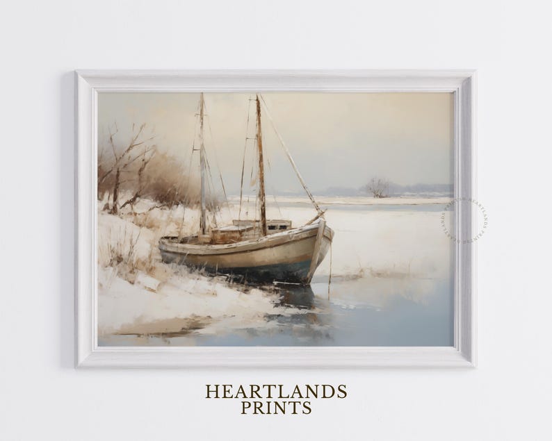 Printable Sailboat Painting, Winter Wall Art, Marooned Sailboat Above