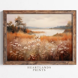 Printable Fall Wildflower Field Wall Art, Vintage Autumn Meadow Landscape Painting, Warm Fall Flower Print, Fall and Autumn Decor