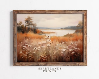 Druckbare Herbst Wildblumen Feld Wand Kunst, Vintage Herbst Wiese Landschaft Gemälde, Warmer Herbst Blumendruck, Herbst und Herbst Dekor