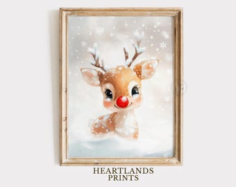 Christmas Reindeer art Printable Wall Art, White & Red Rudolph Painting, Christmas Holiday Decor, Vintage Christmas Character Holiday Print