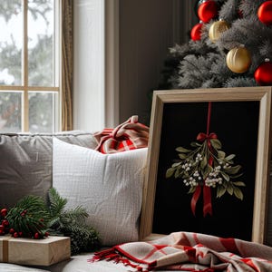 Mistletoe Printable Christmas Wall Art, Moody Festive Holiday Christmas Wall Decor Downloadable Digital Print, Mistletoe Wall Art Painting