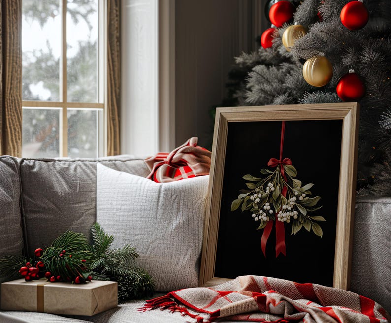 Mistletoe Printable Christmas Wall Art, Moody Festive Holiday Christmas Wall Decor Downloadable Digital Print, Mistletoe Wall Art Painting