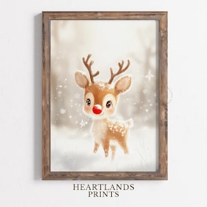 Reindeer Christmas art Printable Wall Art, Rudolph Oil Painting Christmas Wall Decor, Vintage Christmas Holiday Art Print, Digital XMAS Art