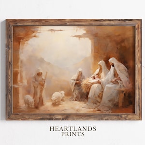 Druckbare Weihnachtskrippe Christliche Kunstwerk Jesus Wandkunst, Gelassene Landschaft Druck der Vintagen Jesus Krippe Plakatkunst, digitaler Download