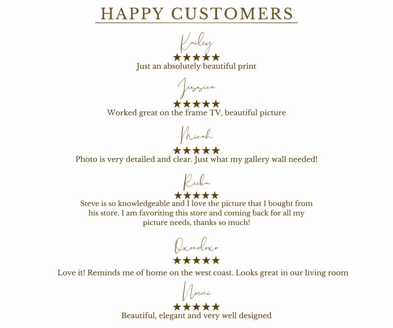K&ouml;nnte beinhalten: Ein wei&szlig;er Hintergrund mit braunem Text und Sternen. Der Text lautet "HAPPY CUSTOMERS" und enth&auml;lt Kundenbewertungen mit Namen und F&uuml;nf-Sterne-Bewertungen. Die Bewertungen sind positiv und heben die Qualit&auml;t des Produkts hervor.