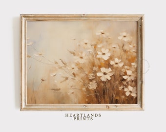May include: A framed painting of a bouquet of white flowers with brown stems against a beige background.