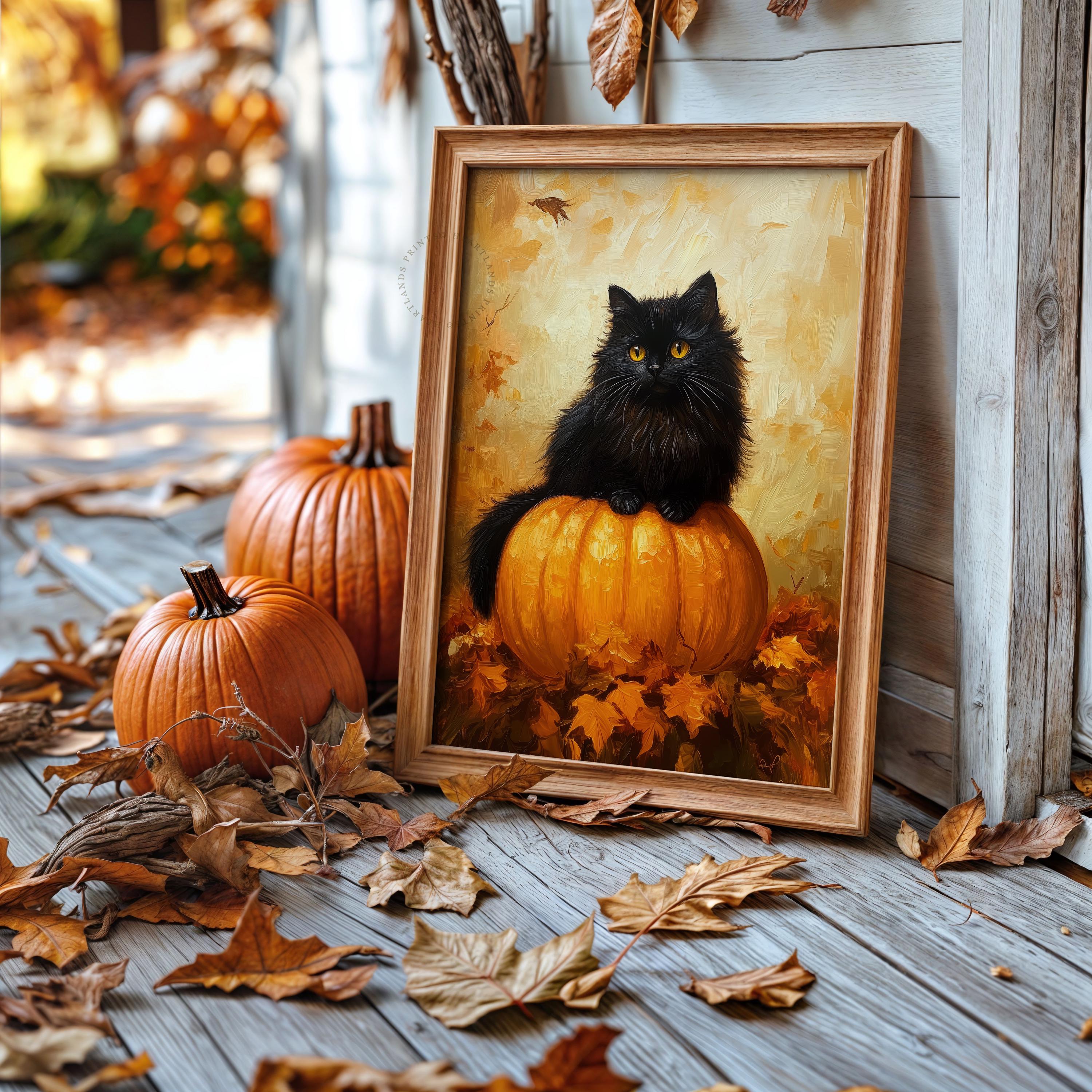 Black Cat Pumpkin Print, Halloween Wall Art Fall Decor, Cute Cat ...
