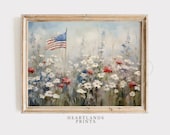 Patriotic American Flag 4th of July Flower Wall Art Printable Garden Scene, USA Celebration Gift Neutral Floral Artwork, DIGITAL PRINTABLE