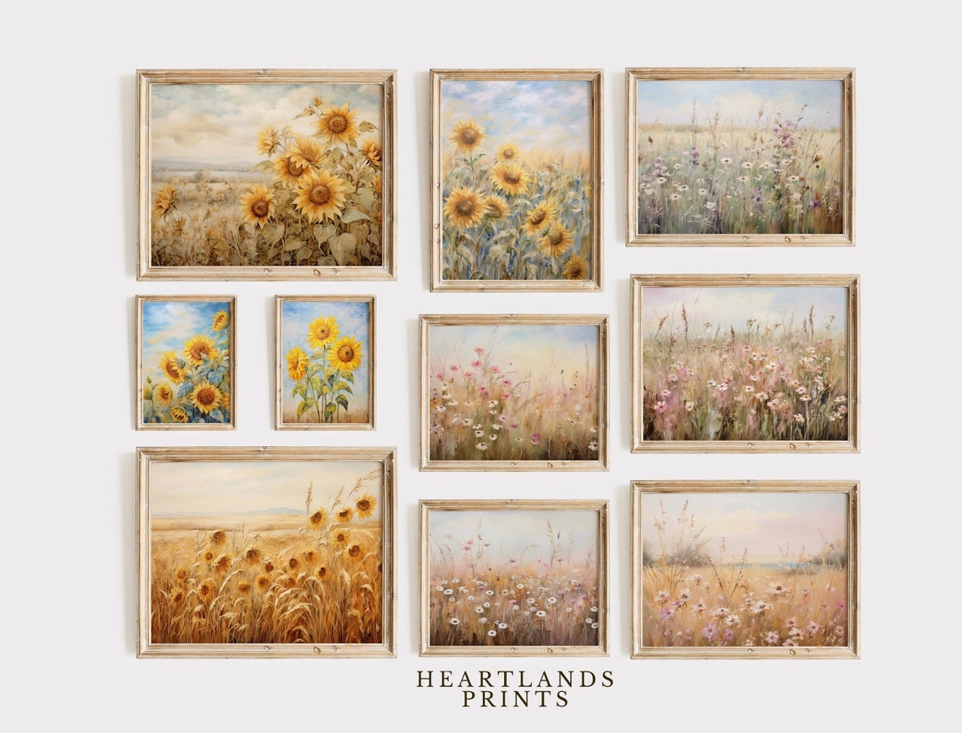 Printable Wildflower, Sunflower Artwork Painting Gallery Set, Vintage ...