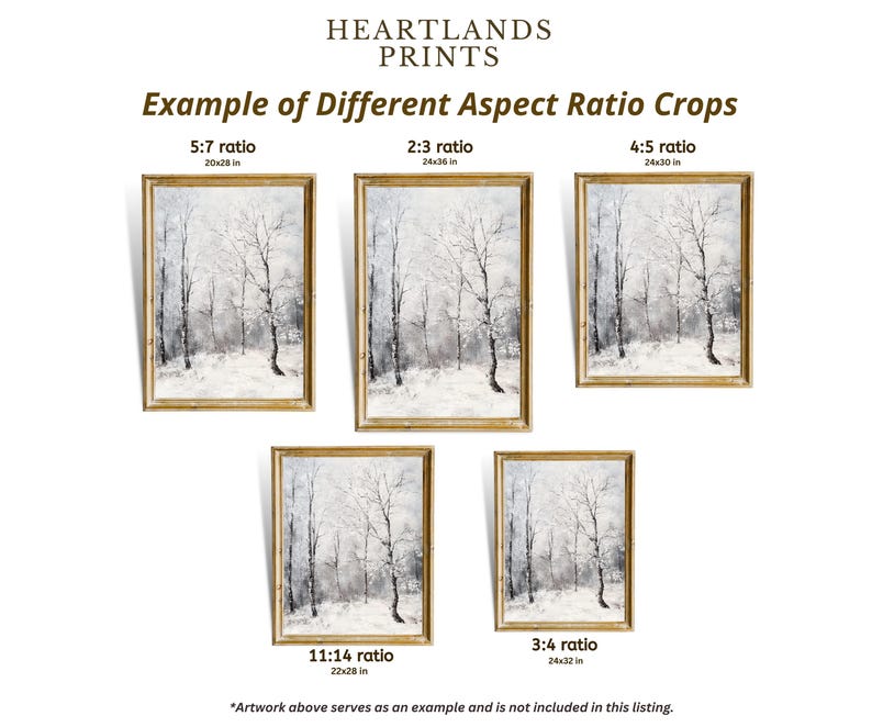 May include: A graphic showing different aspect ratio crops for a snowy forest scene. The image shows five different crops of the same image, with the dimensions of each crop listed below. The text "Heartlands Prints" is at the top of the image.