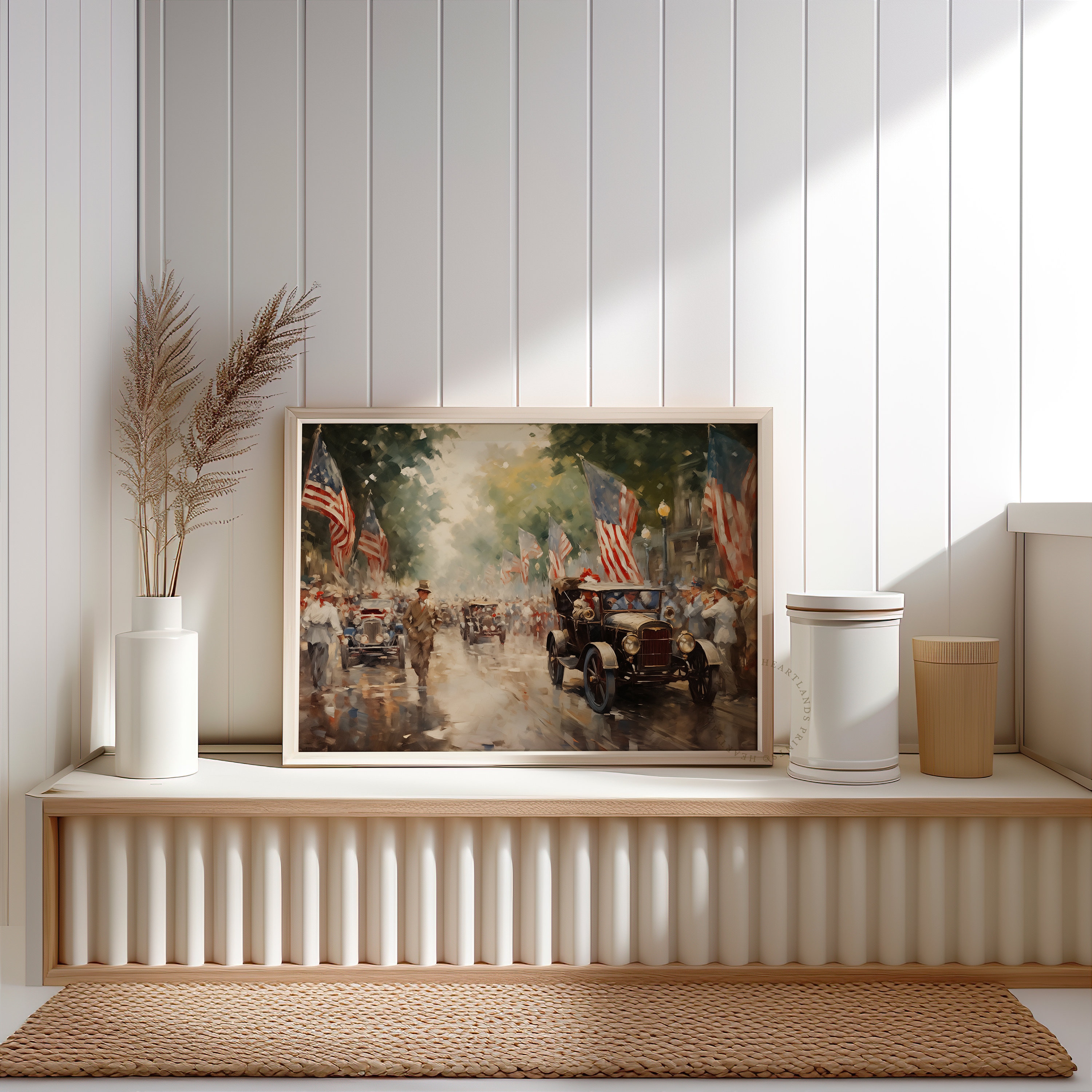 Vintage Car Patriotic 4th of July Wall Art American Flag Artwork ...